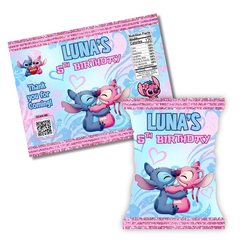 May include: Two party favor bags with a light blue background and pink glitter trim. The bags feature cartoon characters hugging, hearts, and the text "LUNA'S 5TH BIRTHDAY". One bag also has the text "Thank you for coming!" and a QR code.