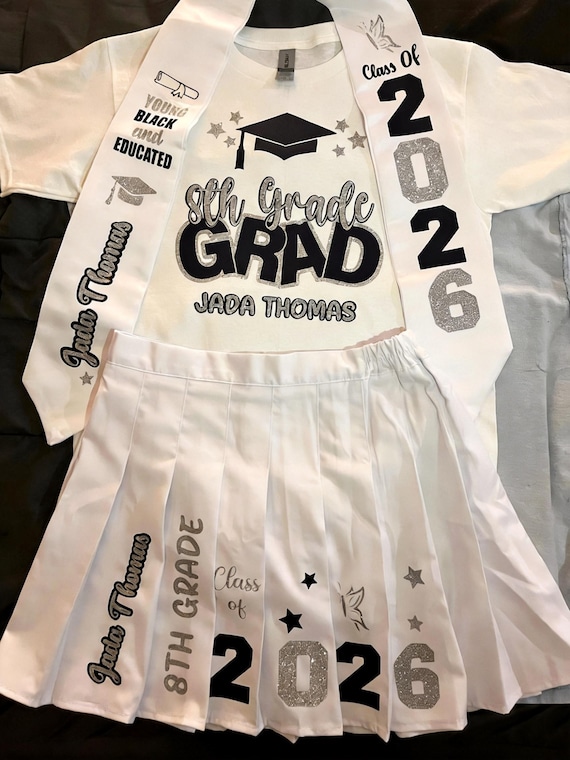 Custom 8th Grade Graduation Outfit Set, Personalized Grad Skirt Set, Graduation Shirt & Stole, Class of 2026 Girl Graduation Outfit - Etsy Custom 8th Grade Graduation Outfit Set, Personalized Grad Skirt Set, Graduation Shirt & Stole, Class of 2026 Girl Graduation Outfit - Etsy