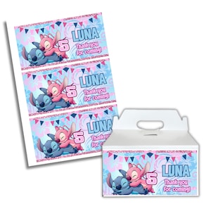 May include: Party favor set featuring the characters Stitch and Angel. The design includes the name "LUNA", the number "5", and the text "Thank you for coming!". The set includes stickers and a white gift box with a handle.