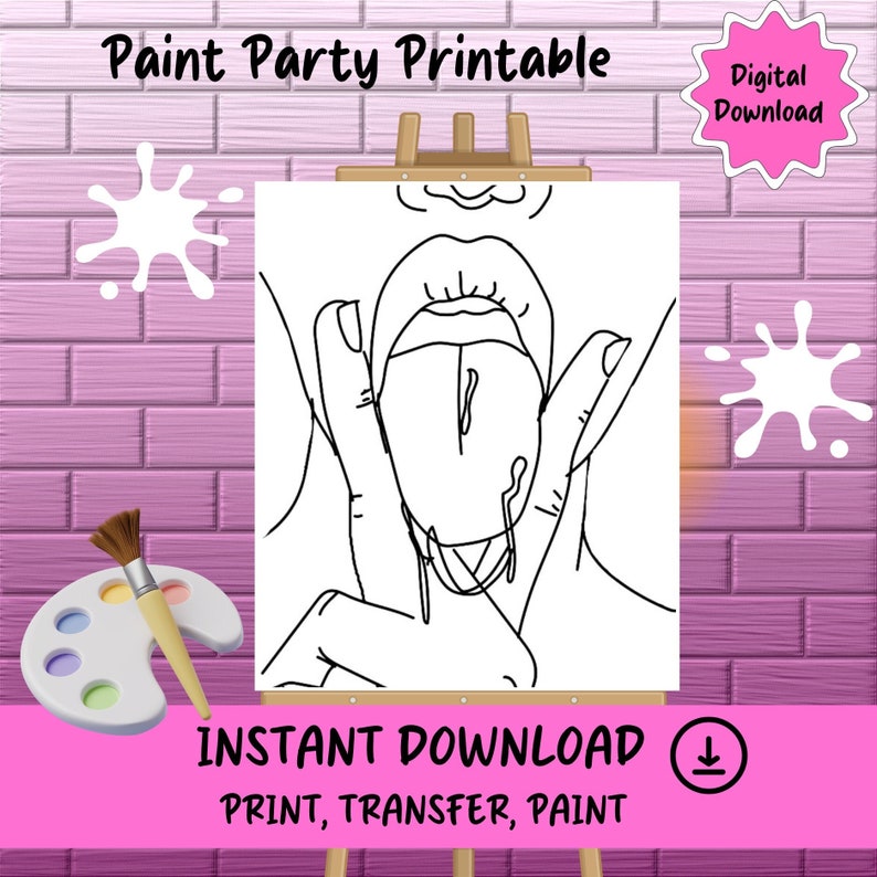 May include: Black and white line art of a mouth and hand with the tongue out, on an easel. The words "Paint Party Printable" and "Instant Download" are at the top and bottom of the image, respectively. A paint palette and brush are in the lower left corner.