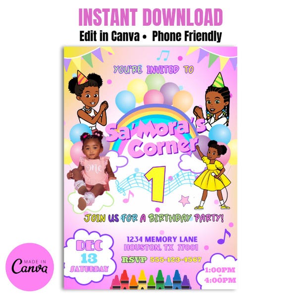 Gracies Corner Birthday Invitation, Music Theme Birthday Invite, Instant Download