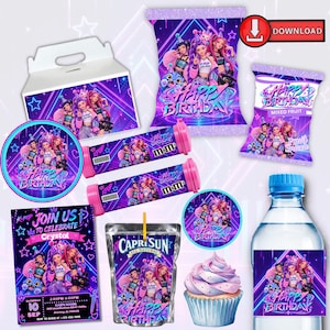 May include: A K-pop themed party supply set featuring a purple and blue neon aesthetic with three illustrated characters. Includes a treat box, snack bags, M&M tubes, a water bottle, a juice pouch, a cupcake, a circular topper, and an invitation card.