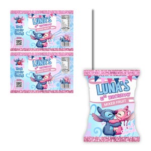 May include: Pink and blue snack bags with the text "LUNA'S 5th BIRTHDAY MIXED FRUIT". The bags feature cartoon characters hugging, with the words "Thank you for Coming!" on the side. The bags are decorated with pink glitter.