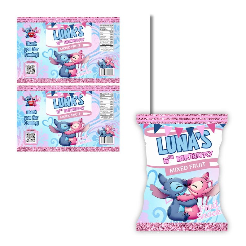 May include: Pink and blue snack bags with the text "LUNA'S 5th BIRTHDAY MIXED FRUIT". The bags feature cartoon characters hugging, with the words "Thank you for Coming!" on the side. The bags are decorated with pink glitter.