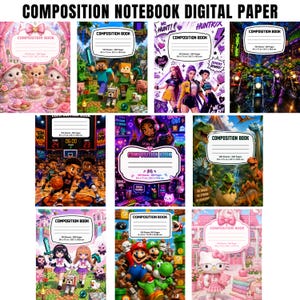 May include: A collection of ten composition notebooks featuring diverse digital cover designs including cartoon animals, video game characters, basketball players, dinosaurs, and anime-inspired themes. Each notebook cover displays a white label area.