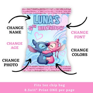 May include: Personalised chip bag design with a blue and pink cartoon couple embracing. The bag displays "LUNA'S 5th BIRTHDAY" in pink and blue. Arrows indicate options to change the name, age, photo, font, and colours.