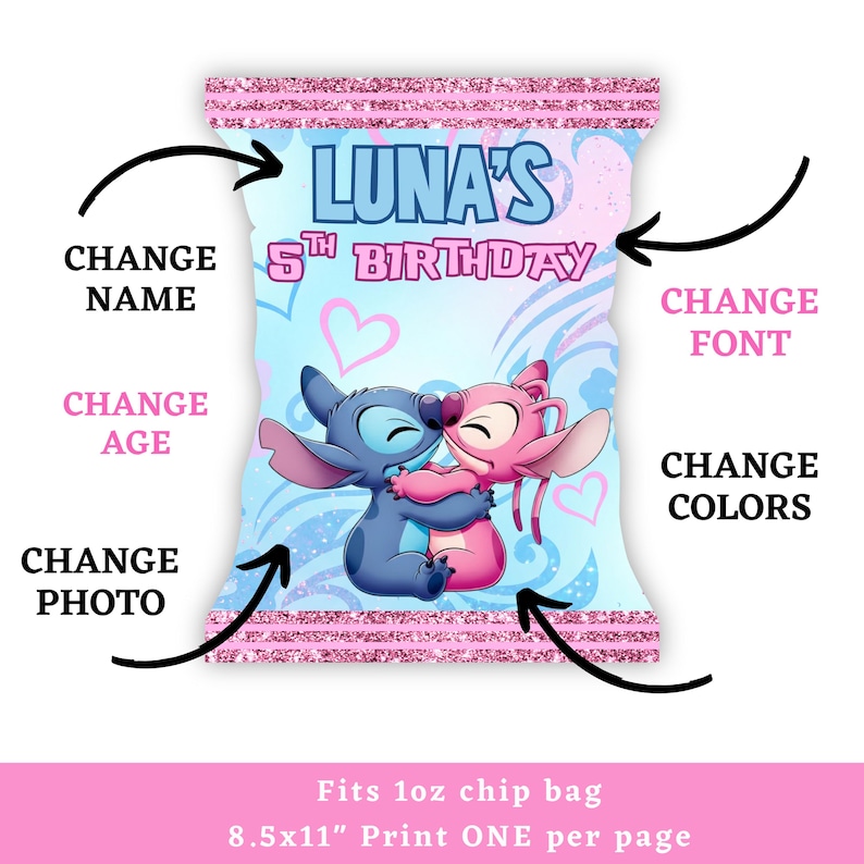 May include: Personalised chip bag design with a blue and pink cartoon couple embracing. The bag displays "LUNA'S 5th BIRTHDAY" in pink and blue. Arrows indicate options to change the name, age, photo, font, and colours.