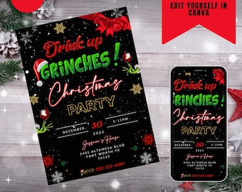 Drink Up Grinches Christmas Party Invitation, Editable Canva (Digital Download)