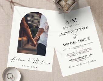 May include: Wedding invitation with a white background and black text. The invitation features a photo of a couple holding hands in an archway. The text reads "Andrew & Melissa" and "09.24.2024". The invitation also includes the names of the couple, "Andrew Turner" and "Melissa Fisher", and the date and time of the wedding. The wedding will be held at the Spring Burrow Estate in Denver, Colorado.