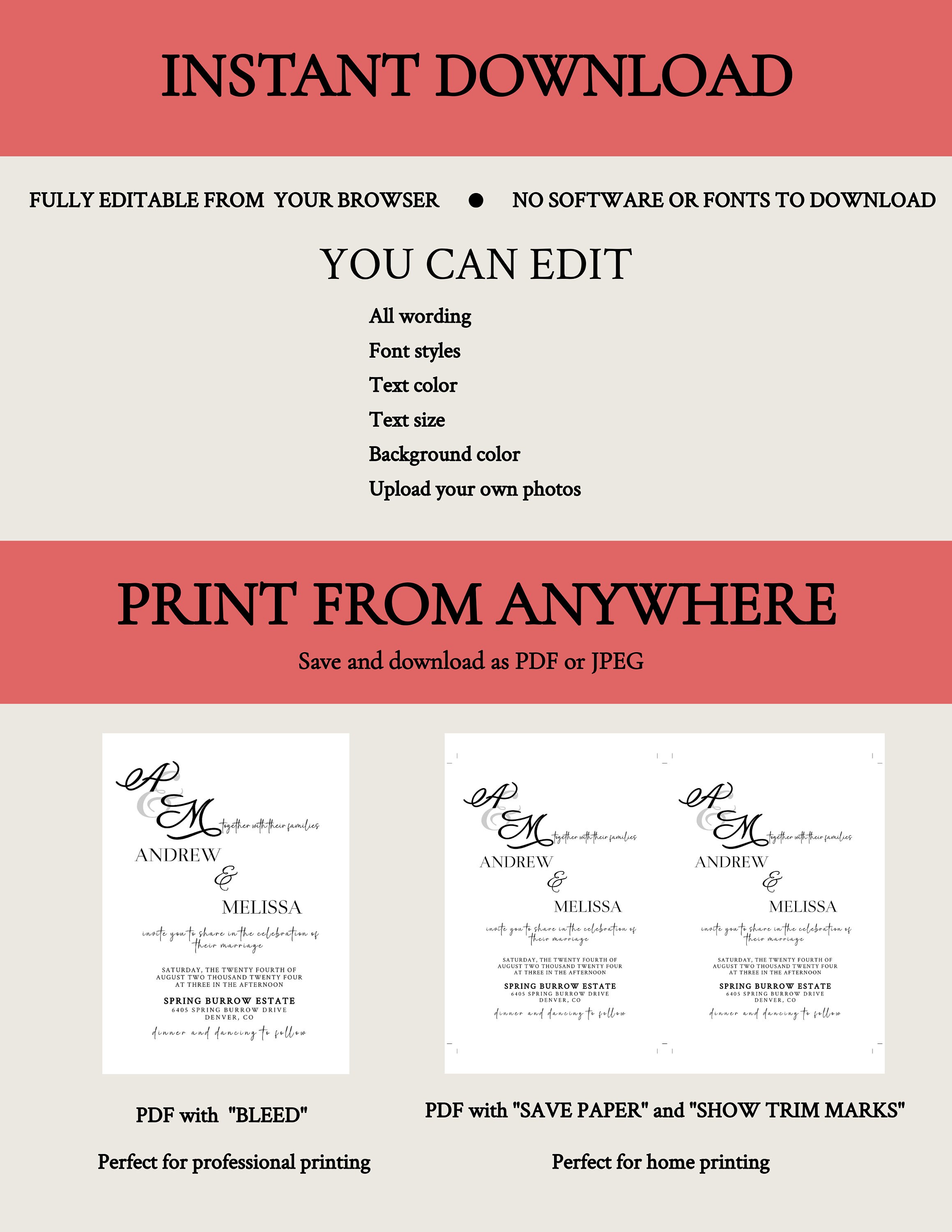 Eco-friendly Modern Wedding Invitation, Polaroid Back Template, Editable &amp; Printable, Minimalist ...