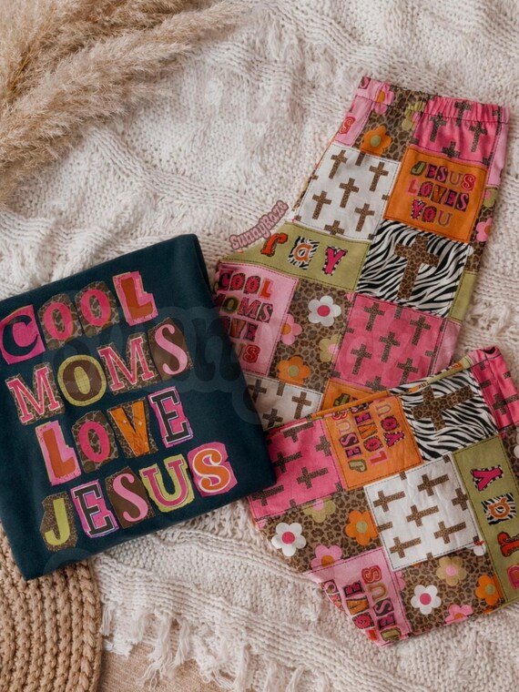 Cool Moms Love Jesus Outfit | Christian Graphic Tee & Patchwork Pants Set | Comfort Colors Boxy Tee | Faith Based Boutique Outfit