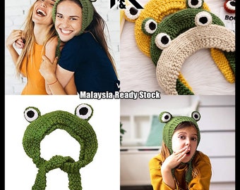 Hat Craft Winter Cute Crochet Frog Beanies Knitted Earflap Cap Topi Katak Comel Frog Headwear