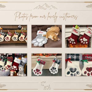 May include: A collage of six photos displaying personalized pet stockings shaped like animal paws. The stockings feature various plaid patterns, solid colors, and embroidered names. Some include decorative ribbons and heart-shaped paw pads.