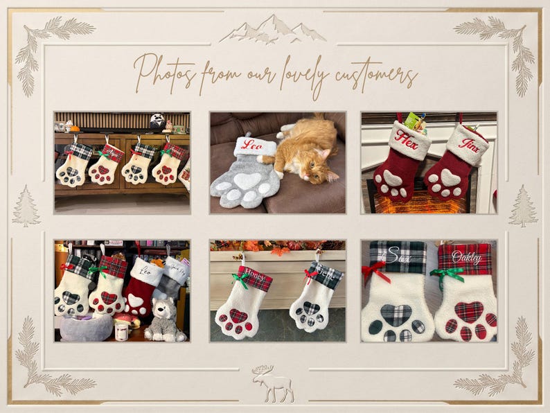 May include: A collage of six photos displaying personalized pet stockings shaped like animal paws. The stockings feature various plaid patterns, solid colors, and embroidered names. Some include decorative ribbons and heart-shaped paw pads.