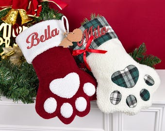 2026 Embroidered Paw Christmas Stocking, Cat Stocking, Custom Pet Xmas Stocking with Name,Dog Stockings,Christmas Family Gifts