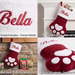 May include: A deep red and white paw-shaped Christmas stocking featuring a white cuff with the name Bella embroidered in red script. The stocking is made of soft, plush material and includes white paw pad accents on the front of the foot section.