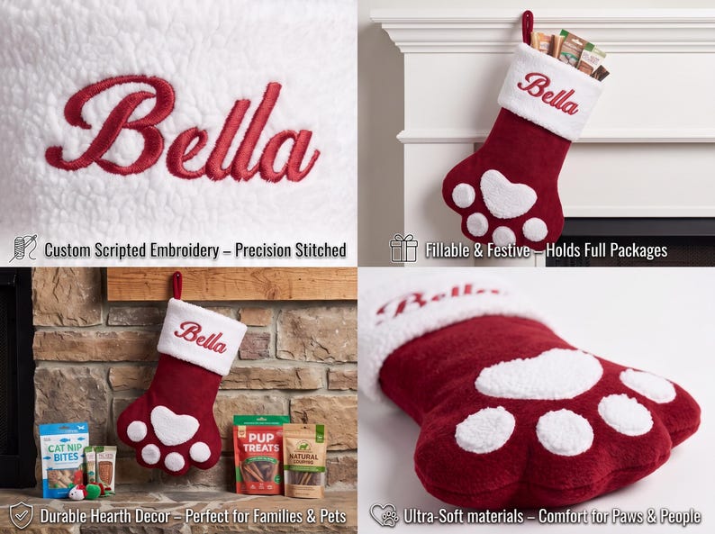 May include: A deep red and white paw-shaped Christmas stocking featuring a white cuff with the name Bella embroidered in red script. The stocking is made of soft, plush material and includes white paw pad accents on the front of the foot section.