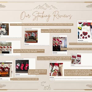 May include: A collage titled Our Stocking Reviews featuring multiple customer photographs of personalized Christmas stockings. The images display various stocking designs, including paw prints and reindeer motifs, hung on mantels and fireplaces.