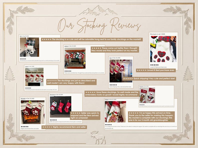 May include: A collage titled Our Stocking Reviews featuring multiple customer photographs of personalized Christmas stockings. The images display various stocking designs, including paw prints and reindeer motifs, hung on mantels and fireplaces.
