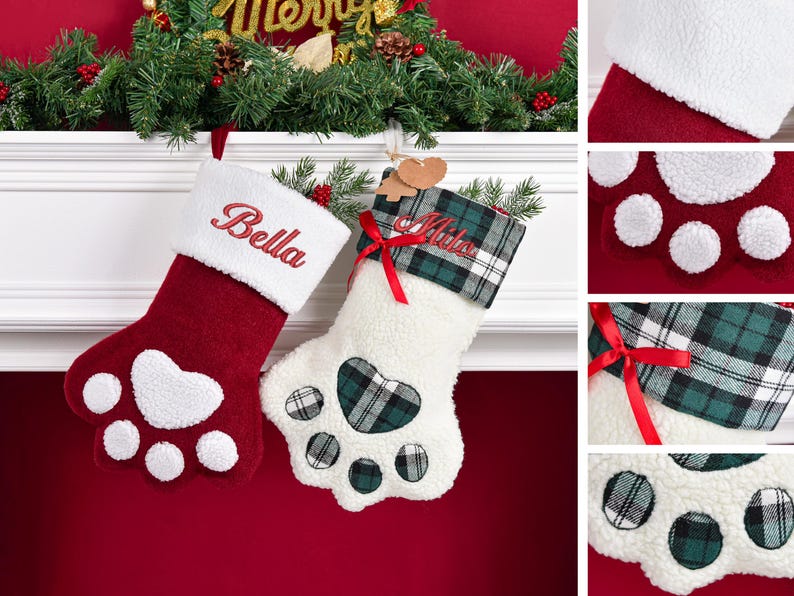 May include: Two paw-shaped Christmas stockings hanging on a white mantel. The left stocking is red with a white cuff embroidered with the name Bella. The right stocking is white with a green plaid cuff embroidered with the name Milo and a red ribbon.