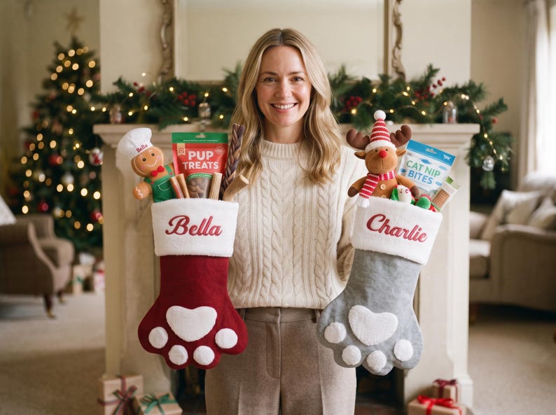 May include: Two felt Christmas stockings shaped like animal paws, one red with the name Bella and one gray with the name Charlie. Both feature white cuffs and paw pads. They are filled with various pet treats and plush toys, including a gingerbread chef and a reindeer.