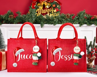 Custom Santa Hat gift bag & keychain, Holiday Gift Bags with Name, Christmas party bags,Christmas Eve Gift, Xmas Presents,Christmas Gift bag