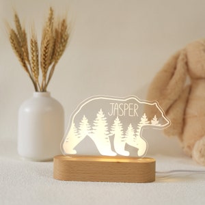 Personalized Acrylic Night Light, Boho Forest Bear LED Light, Kids Bedroom Decor, Custom Name, Boho Boy Nursery Decor, Baby Shower Gift