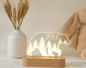 Personalized Acrylic Night Light, Boho Forest Bear LED Light, Kids Bedroom Decor, Custom Name, Boho Boy Nursery Decor, Baby Shower Gift