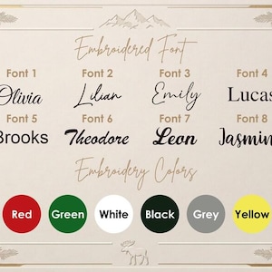 May include: A chart displaying eight numbered font styles with names Olivia, Lilian, Emily, Lucas, Brooks, Theodore, Leon, and Jasmine. Below, six colored circles labeled Red, Green, White, Black, Grey, and Yellow represent embroidery thread options.