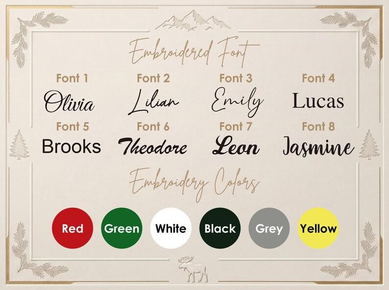 May include: A chart displaying eight numbered font styles with names Olivia, Lilian, Emily, Lucas, Brooks, Theodore, Leon, and Jasmine. Below, six colored circles labeled Red, Green, White, Black, Grey, and Yellow represent embroidery thread options.