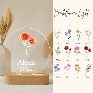 Personalized Birth Month Flower Acrylic Night Light, Boho LED Light, Custom Name, Flower Nursery Decor, Baby Shower Gift, Christmas Gift