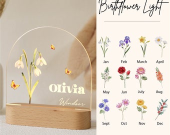 Personalized Birth Month Flower Acrylic Night Light, Boho LED Light, Custom Name, Flower Nursery Decor, Baby Shower Gift, Christmas Gift