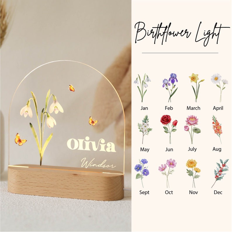 Personalized Birth Month Flower Acrylic Night Light, Boho LED Light, Custom Name, Flower Nursery Decor, Baby Shower Gift, Christmas Gift image 1