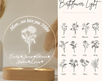 Mother's Day Gift, Personalized Birthmonth Flower Acrylic Light, Minimal Mom Birthday Gift, Custom Name, Gift for Grandma, Christmas Gift,