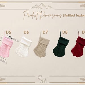 May include: Five knitted Christmas stockings labeled D5 through D9 in pink, white, beige, dark green, and red. Each stocking features a cable knit pattern and a solid cuff. Dimensions are 15.35 inches by 7.87 inches or 39 cm by 20 cm.