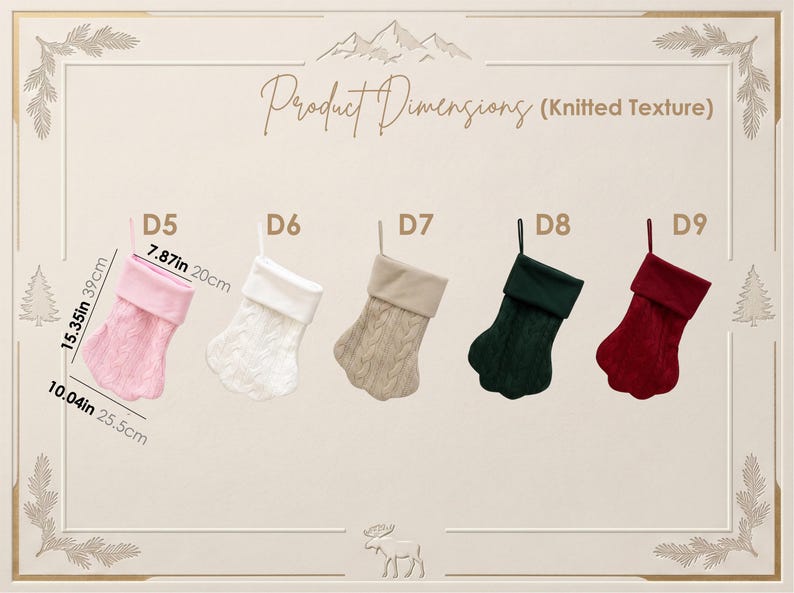 May include: Five knitted Christmas stockings labeled D5 through D9 in pink, white, beige, dark green, and red. Each stocking features a cable knit pattern and a solid cuff. Dimensions are 15.35 inches by 7.87 inches or 39 cm by 20 cm.