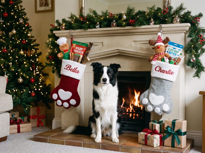 May include: A black and white Border Collie sits before a fireplace with two paw-shaped Christmas stockings hanging above. The left red stocking is embroidered with Bella and contains a gingerbread toy and Pup Treats. The right gray stocking is embroidered with Charlie and contains a reindeer toy and Cat Nip Bites.