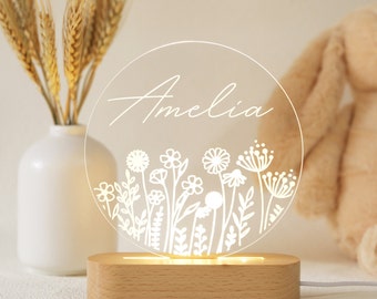 Personalized Acrylic Night Light, Boho Night Botanic LED Light, Kids Bedroom Decor, Custom Name, Boho Flower Nursery Decor, Baby Shower Gift