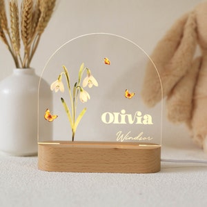 Personalized Birth Month Flower Acrylic Night Light, Boho LED Light, Custom Name, Flower Nursery Decor, Baby Shower Gift, Christmas Gift image 2