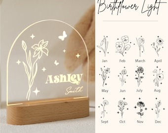 Personalized Birth Month Flower Acrylic Night Light, Boho LED Light, Custom Name, Flower Nursery Decor, Baby Shower Gift, Christmas Gift