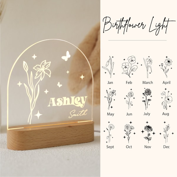 Personalized Birth Month Flower Acrylic Night Light, Boho LED Light, Custom Name, Flower Nursery Decor, Baby Shower Gift, Christmas Gift