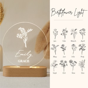 Personalized Birth Month Flower Acrylic Night Light, Boho LED Light, Custom Name, Flower Nursery Decor, Baby Shower Gift, Christmas Gift