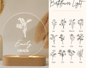 Personalized Birth Month Flower Acrylic Night Light, Boho LED Light, Custom Name, Flower Nursery Decor, Baby Shower Gift, Christmas Gift