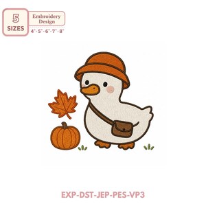 May include: An embroidery design featuring a white duck wearing an orange hat and a brown crossbody bag, accompanied by an orange maple leaf and a pumpkin. The text 5 SIZES 4" 5" 6" 7" 8" and EXP-DST-JEP-PES-VP3 is visible on the image.