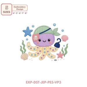 May include: An embroidery design featuring a purple octopus wearing a green pirate bandana with a skull and crossbones patch. The octopus has yellow tentacles with purple spots and holds a dark blue hook. Surrounded by blue starfish, shells, and seaweed.