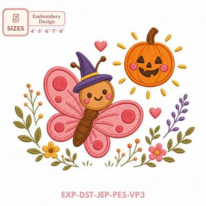 Fjärilsbroderidesign, häxhattmaskinmönster, pumpasol Halloween blommigt lövhjärtatröja hantverk, digital nedladdning