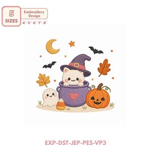 May include: An embroidery design featuring a white cat wearing a purple witch hat inside a purple cauldron with a pink heart. The scene includes a smiling ghost, an orange pumpkin, candy corn, bats, a yellow crescent moon, and autumn leaves.