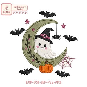 May include: An embroidery design featuring a white ghost wearing a black witch hat, sitting on a sage green crescent moon decorated with pink stars and a vine. Includes an orange pumpkin, a spider, and five black bats. Text reads 5 SIZES 4"-5"-6"-7"-8" and EXP-DST-JEP-PES-VP3.