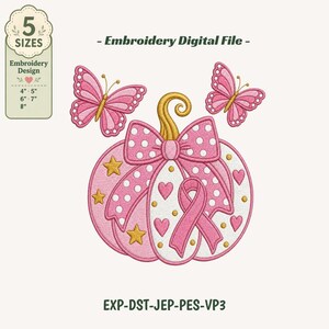 Fichier de broderie machine motif citrouille ruban rose, Mois de sensibilisation au cancer du sein, nœud à pois, motif papillon cœur étoile, brodé