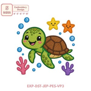 カメの刺繍デザイン、海の生き物のミシンパターン、海のヒトデ、サンゴ、水の泡、ビーチのスウェットシャツのクラフト、デジタル即時ダウンロード